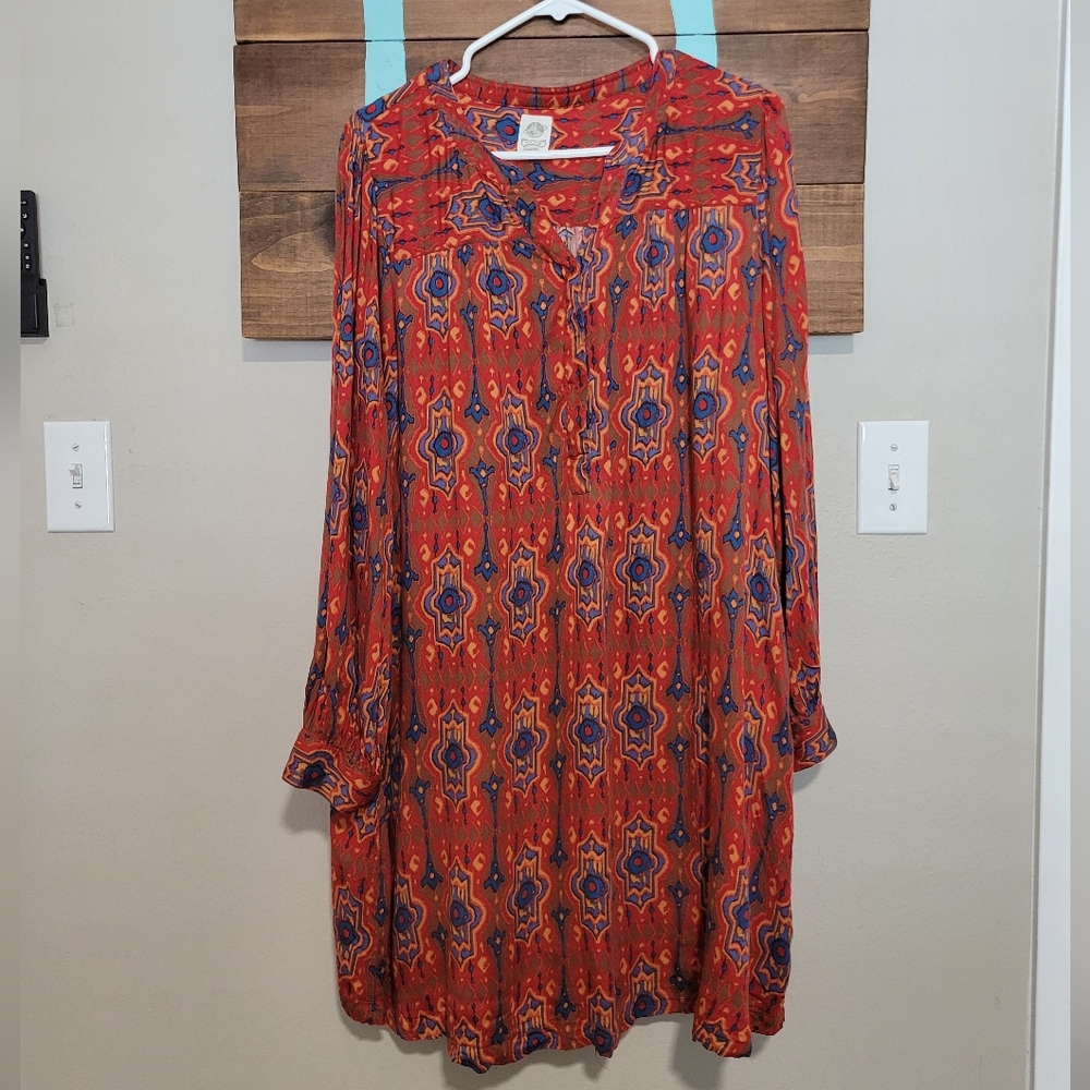 TINY Red and Blue Patterned Long Sleeve Lightweight Tunic Dress Size XL
